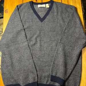 Orvis Men's Navy Checkered V-Neck 100 percent Cashmere sweater size XXL